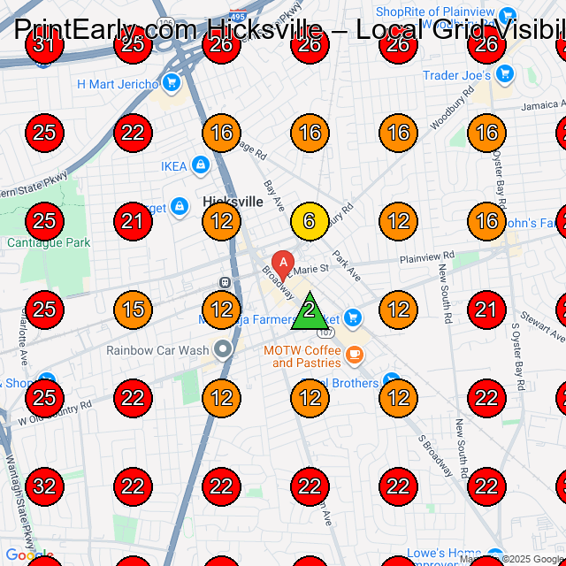 PrintEarly.com Hicksville GeoGrid visibility map for Commercial Printer in Glen Cove